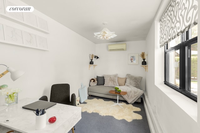 carpeted office featuring a wall mounted AC and baseboards