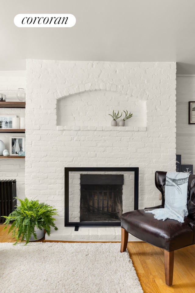 detailed view of a fireplace and wood finished floors