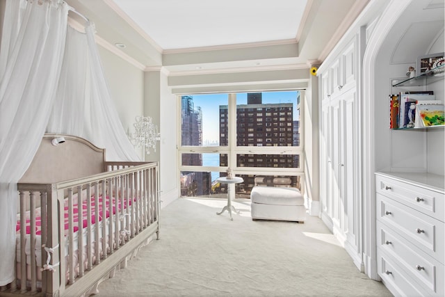 415 E 54th St Unit 25Gg, New York City, NY 10022 - bedroom with light colored carpet, crown molding, a city view, a crib, and a tray ceiling