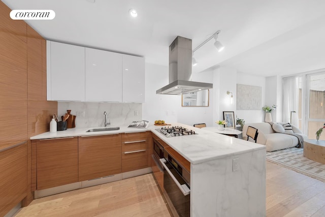 kitchen with island range hood, appliances with stainless steel finishes, modern cabinets, and a sink