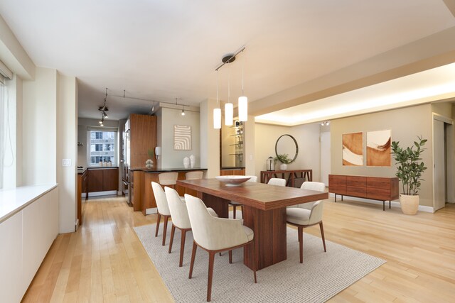 411 E 53rd St Unit 19D, New York City, NY 10022 - dining room featuring light wood finished floors and track lighting