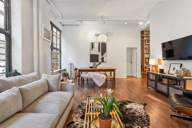 living room with rail lighting, wood finished floors, plenty of natural light, and baseboards