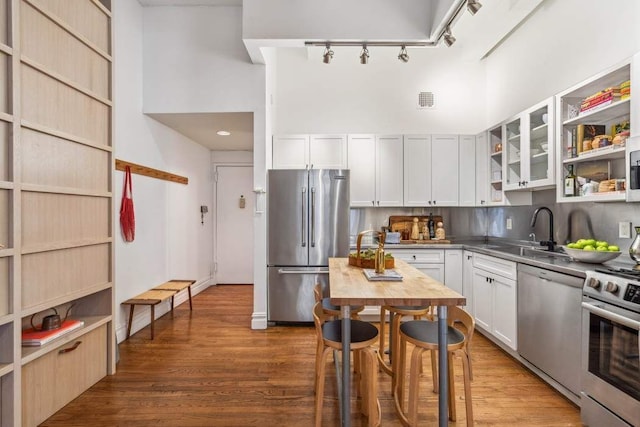 kitchen with stainless steel appliances, a sink, rail lighting, wood finished floors, and glass insert cabinets