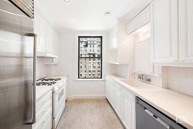 255 W End Ave Unit 12C, New York City, NY 10023 - kitchen featuring stainless steel appliances, white cabinets, tasteful backsplash, light countertops, and under cabinet range hood