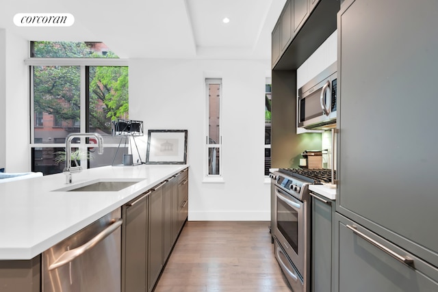 416 W 52nd St Unit Th215, New York City, NY 10019 - kitchen featuring stainless steel appliances, wood finished floors, light countertops, gray cabinetry, and a raised ceiling