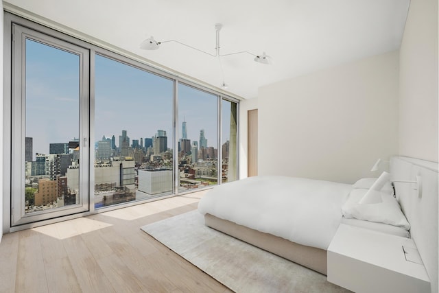 215 Chrystie St Unit 27East, New York City, NY 10002 - bedroom featuring wood finished floors, a view of skyline, access to exterior, and expansive windows