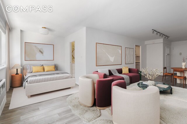 bedroom featuring wood finished floors and track lighting