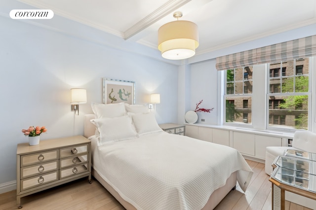 bedroom featuring light wood-style flooring, multiple windows, crown molding, and beam ceiling