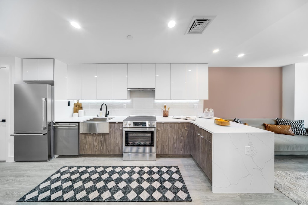 kitchen featuring stainless steel appliances, modern cabinets, a sink, a peninsula, and recessed lighting