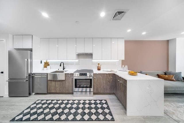 kitchen featuring stainless steel appliances, modern cabinets, a sink, a peninsula, and recessed lighting