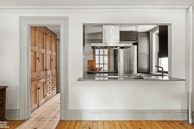 185 12th St, New York City, NY 11215 - kitchen with a sink, hardwood / wood-style flooring, island exhaust hood, and crown molding