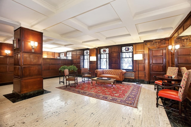 lobby featuring coffered ceiling, beamed ceiling, wood walls, and ornamental molding