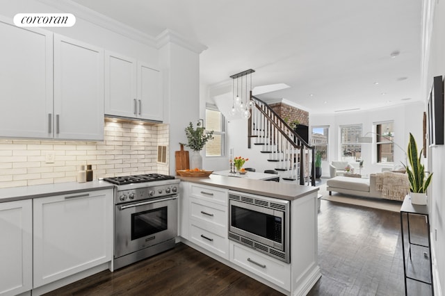kitchen featuring appliances with stainless steel finishes, a peninsula, dark wood finished floors, open floor plan, and ornamental molding