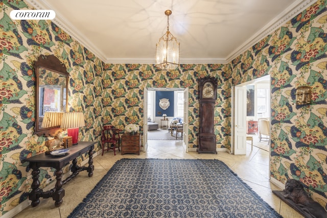 32 E 64th St Unit 5E, New York City, NY 10021 - corridor featuring ornamental molding, a chandelier, tile patterned flooring, and wallpapered walls
