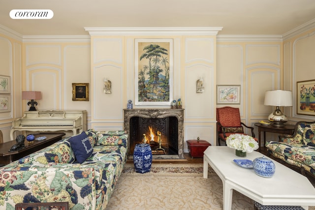 32 E 64th St Unit 5E, New York City, NY 10021 - living area with a decorative wall, a high end fireplace, and ornamental molding