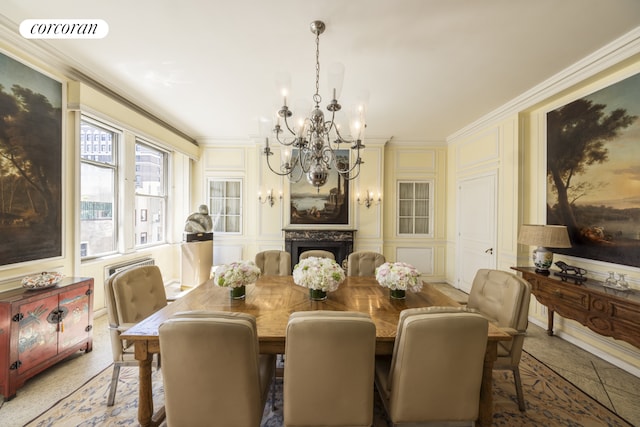 32 E 64th St Unit 5E, New York City, NY 10021 - dining area with a decorative wall, a chandelier, and crown molding