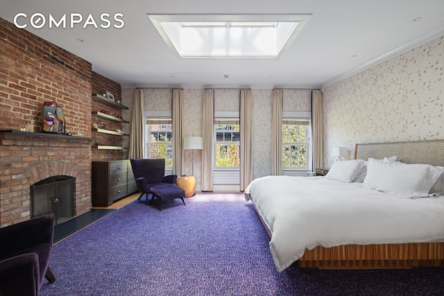 bedroom featuring wallpapered walls, a brick fireplace, and ornamental molding