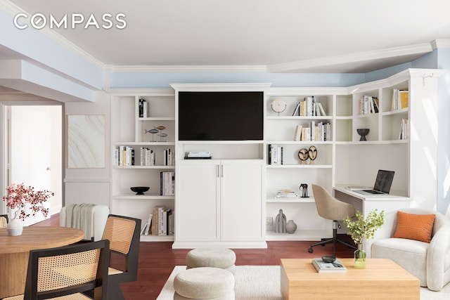 210 E 36th St Phc, Phc, New York City, NY 10016 - living room featuring wood finished floors, crown molding, and an office area