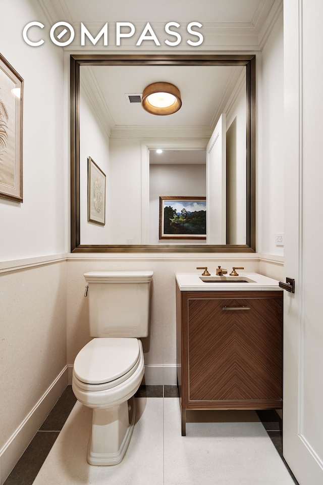 100 Barclay St Unit 20D, New York City, NY 10007 - half bathroom featuring ornamental molding, vanity, toilet, and baseboards