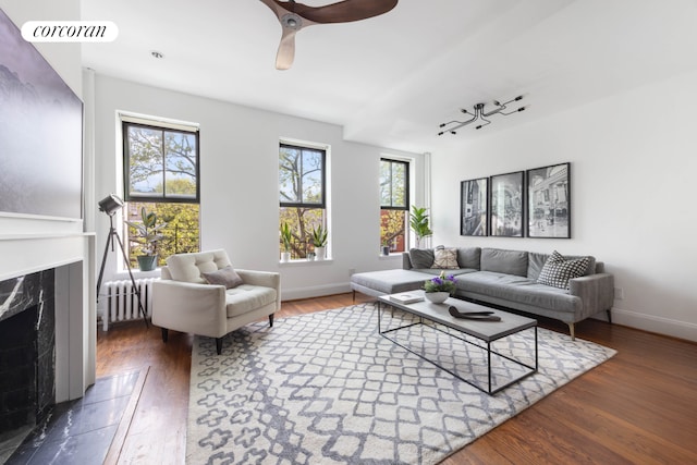 157 Kane St Unit 3, New York City, NY 11231 - living room featuring a premium fireplace, radiator heating unit, wood finished floors, and ceiling fan