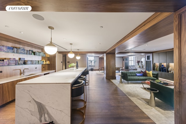 100 Barclay St Unit 20B, New York City, NY 10007 - kitchen featuring modern cabinets, brown cabinets, an island with sink, wood finished floors, and pendant lighting