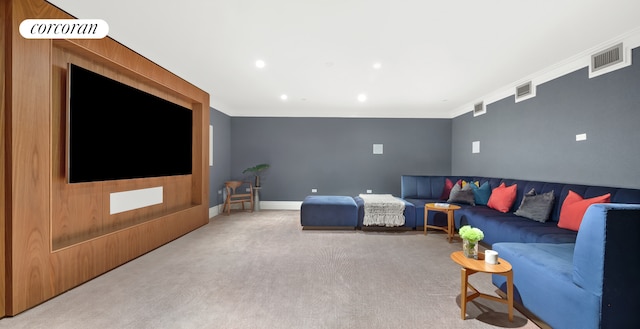 100 Barclay St Unit 20B, New York City, NY 10007 - living room with light colored carpet, crown molding, baseboards, and recessed lighting