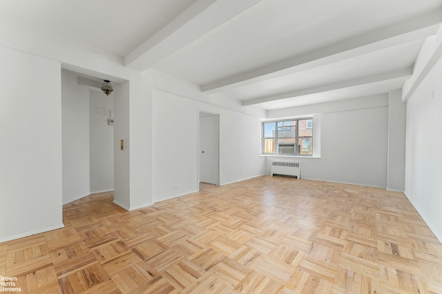 unfurnished room with radiator, beamed ceiling, baseboards, and cooling unit