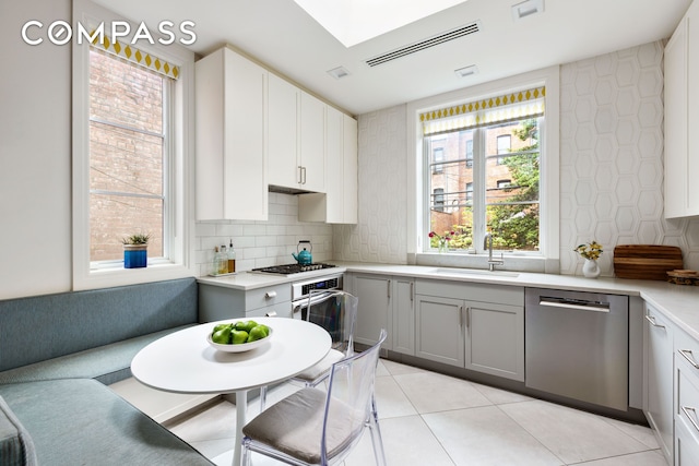 623 2nd St, New York City, NY 11215 - kitchen featuring appliances with stainless steel finishes, a sink, decorative backsplash, light countertops, and gray cabinetry