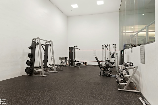 workout area featuring a high ceiling