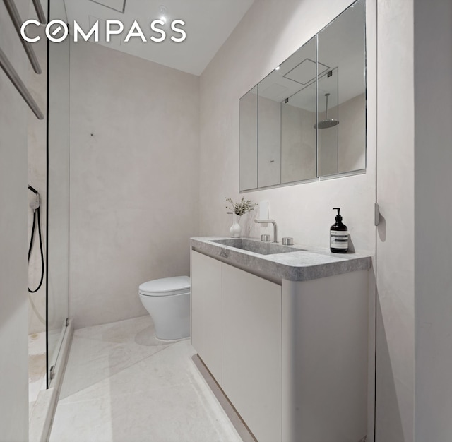 bathroom with toilet, walk in shower, and vanity