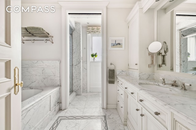 67 Riverside Dr Unit 1A, New York City, NY 10024 - full bath featuring marble tiled flooring, vanity, a marble finish shower, a bath, and ornamental molding
