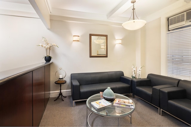 895 Park Ave Unit 1B, New York City, NY 10075 - carpeted living room with beamed ceiling, a wall mounted AC, and baseboards