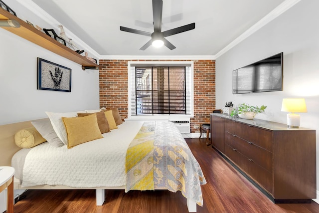 9201 Shore Rd Unit C201, New York City, NY 11209 - bedroom featuring brick wall, crown molding, dark wood finished floors, a wall unit AC, and ceiling fan