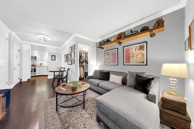 9201 Shore Rd Unit C201, New York City, NY 11209 - living area with ornamental molding, dark wood finished floors, and baseboards