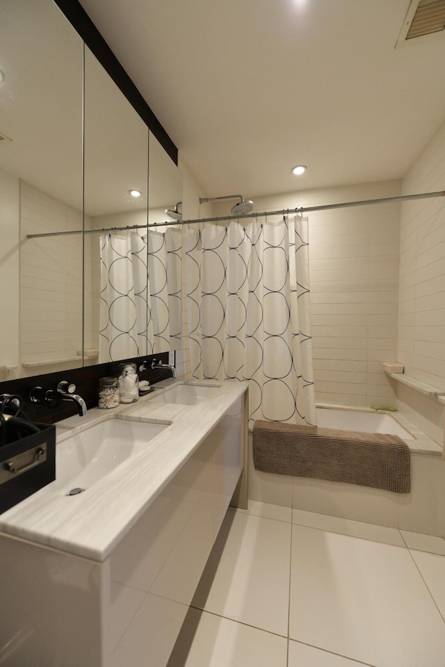 bathroom featuring tile patterned flooring, shower / tub combo with curtain, recessed lighting, and vanity