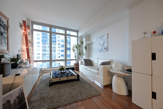 living area with wood finished floors and a wall of windows