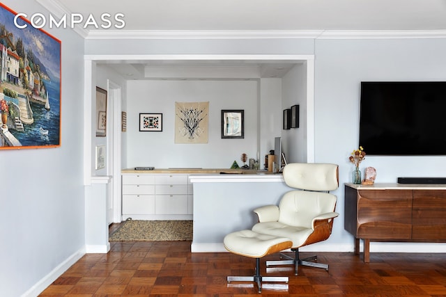 living area featuring baseboards and ornamental molding