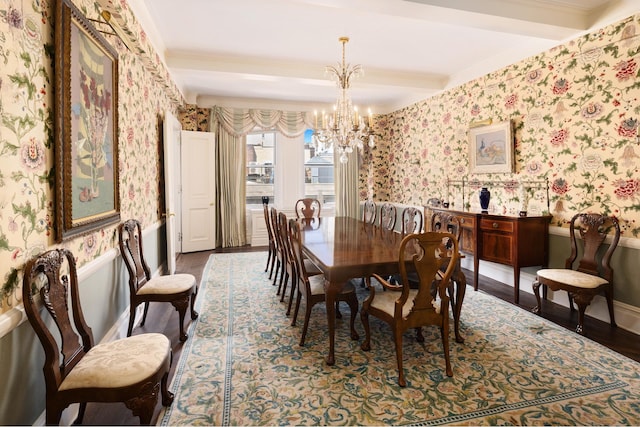 33 E 70th St Unit 7C, New York City, NY 10021 - dining area featuring wallpapered walls, a chandelier, wainscoting, wood finished floors, and crown molding