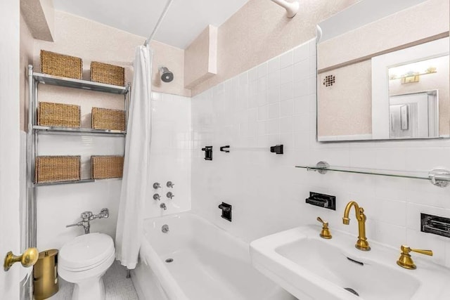 full bath with a sink, toilet, shower / tub combo with curtain, tile walls, and decorative backsplash