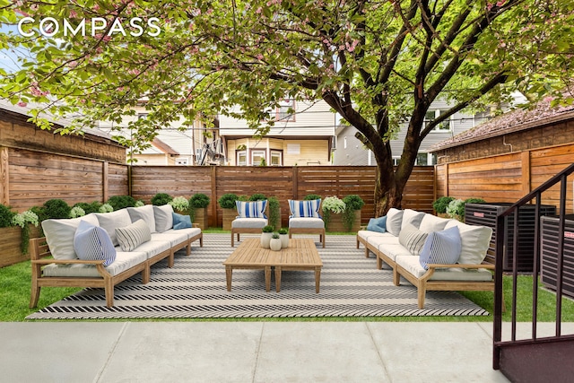 view of patio / terrace featuring outdoor lounge area, a fenced backyard, and central AC
