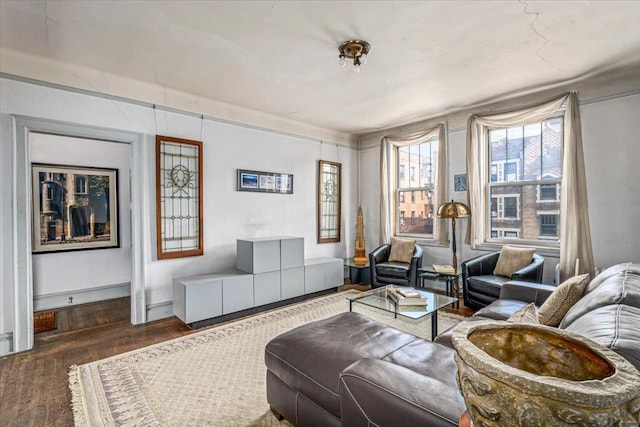 living area featuring wood finished floors and baseboards