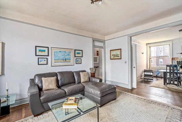 living room with wood finished floors, baseboards, and radiator