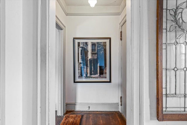 hallway with dark wood-style floors and baseboards