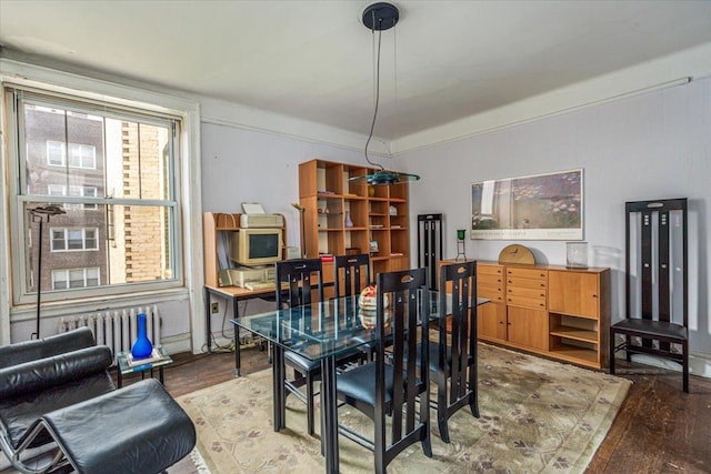 dining space with radiator heating unit and light wood-style floors