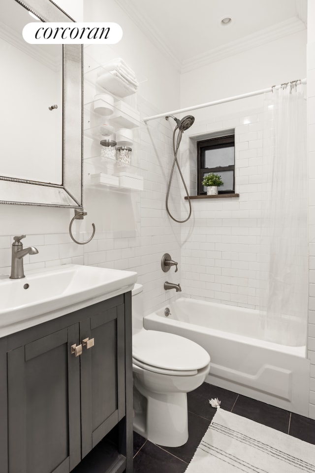 322 6th St Unit 5, New York City, NY 11215 - bathroom with vanity, ornamental molding, shower / bath combo, tile patterned flooring, and tasteful backsplash
