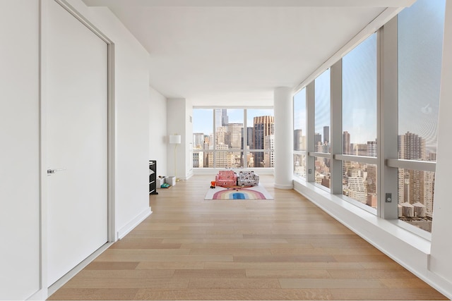 workout room featuring wood finished floors, a view of skyline, a wall of windows, and baseboards
