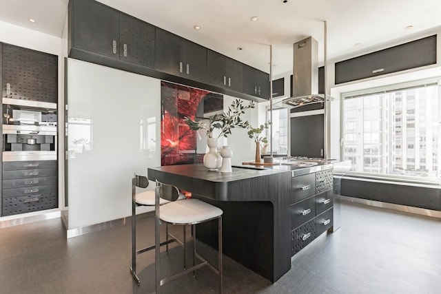 kitchen with dark cabinets, range hood, and a breakfast bar