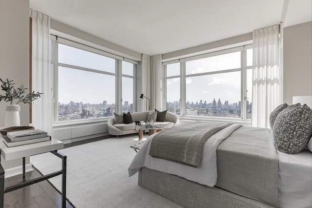 bedroom featuring a view of skyline and wood finished floors
