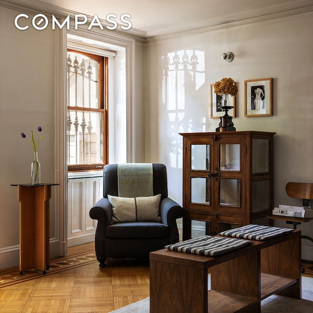 living area featuring ornamental molding
