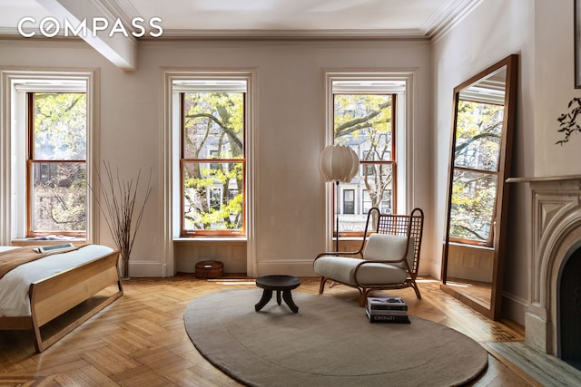 living area with ornamental molding